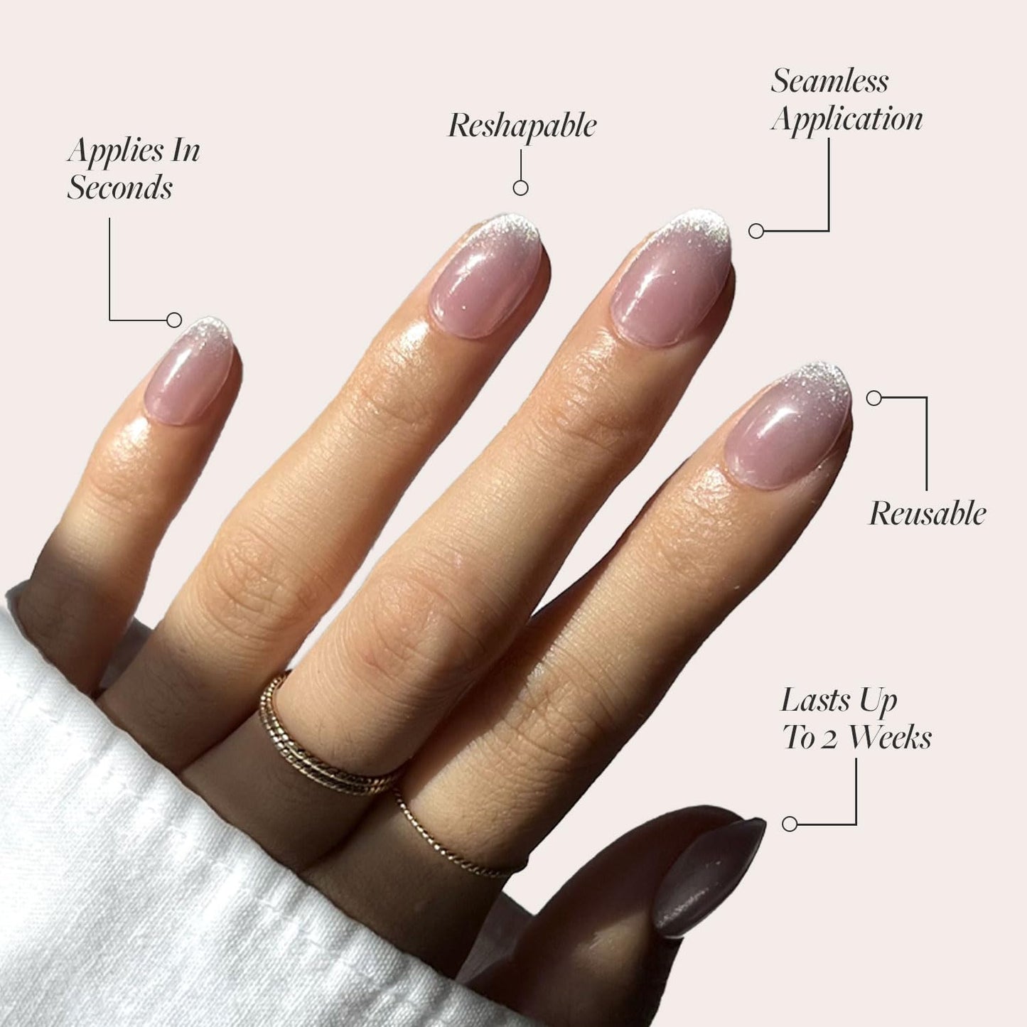 Glamnetic Press-On Nails - Fairy Dust | Super Strong Brush On Nail Glue & Press-On Nail Remover | Short Oval Beige-Pink Nails with a Velvet Metallic Finish | 15 Sizes - 30 Nail Kit with Glue and Remo