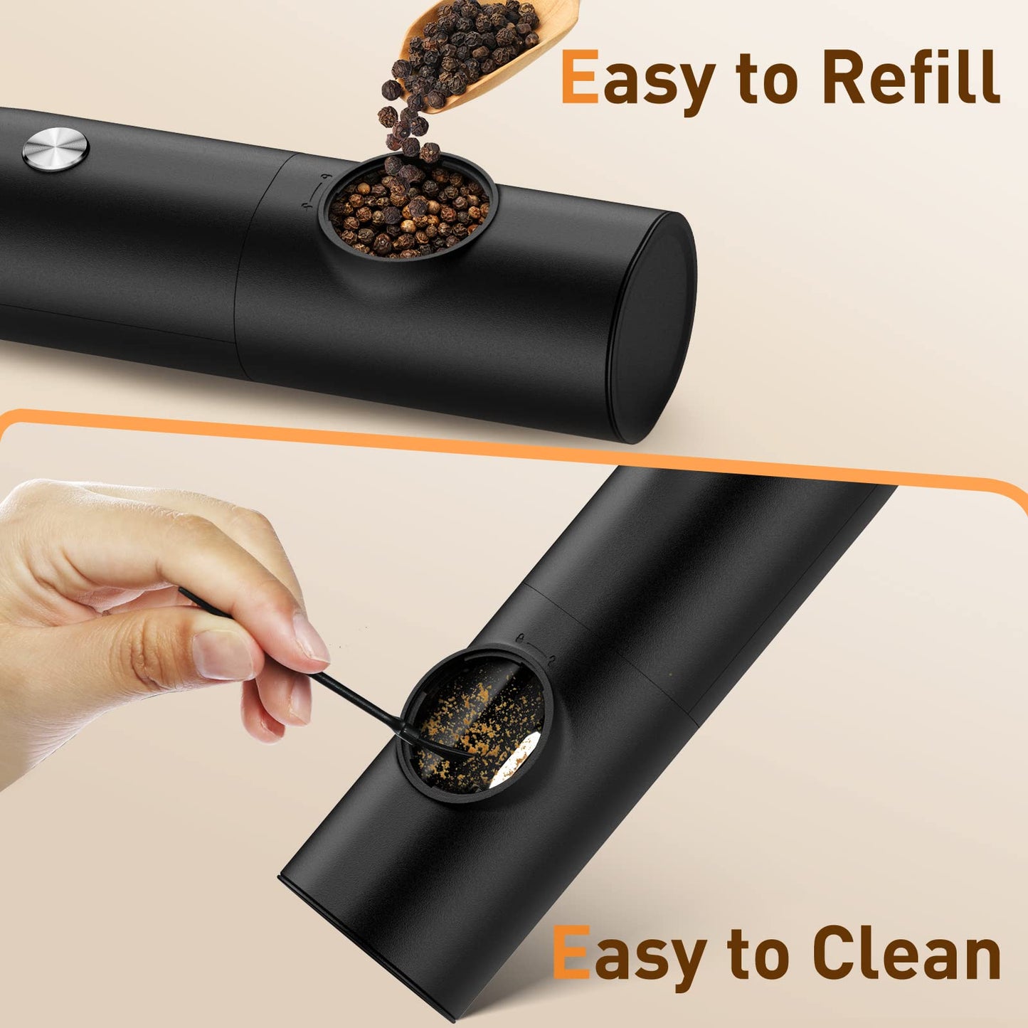 Electric Salt and Pepper Grinder Set, Rechargeable Automatic Pepper Mill Grinder with LED Light, Adjustable Coarseness shakers, One-Hand Operation for Kitchen(2 Pack,Black+White)
