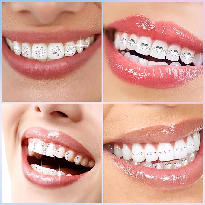 Sosation 377 Pcs 4 Shapes Tooth Gem Kit Jewelry DIY Crystal Tooth Gems Professional Fashionable Artificial Crystal Reflective Ornaments Shining Teeth for Birthday Party Decor