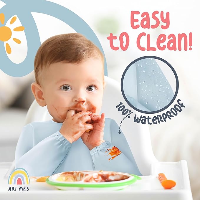 ARI MES Long Sleeves Waterproof Baby Bibs for Eating - Cherries, Small - Wearable, Coverall for Toddler, Long Sleeve Bib, Smock Apron for Feeding - Applicable for 6-72 Months