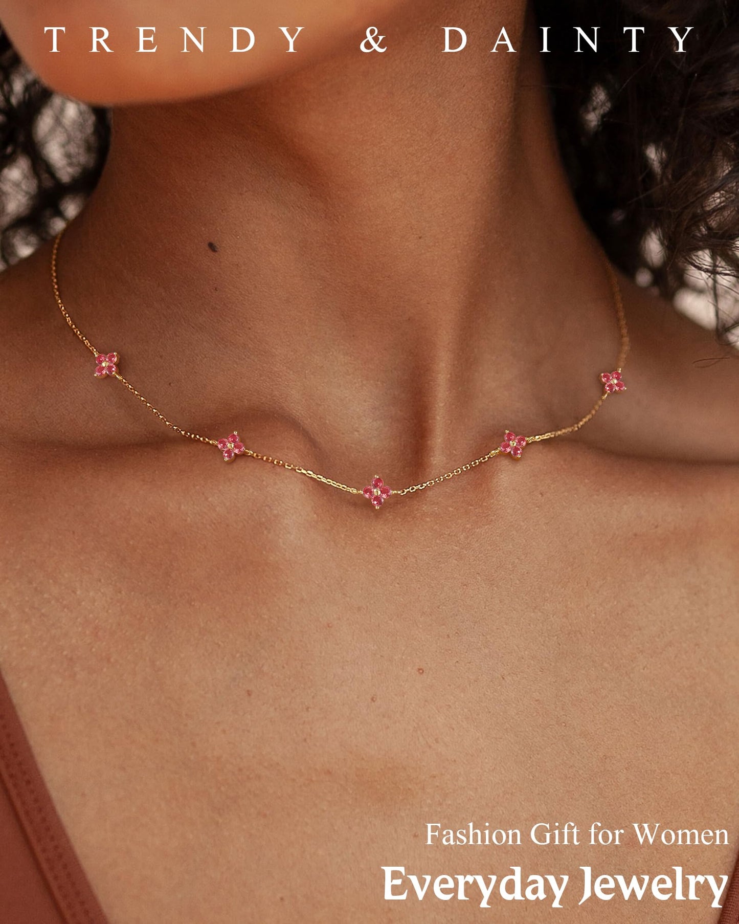 ZHESHY Birthstone Gold Necklace for Women Dainty Non Tarnish 14K Gold Plated Diamond Choker Necklaces Clover Cubic Zirconia Necklace Birthday Valentine's Day Gifts Womens Prom Gold Jewelry
