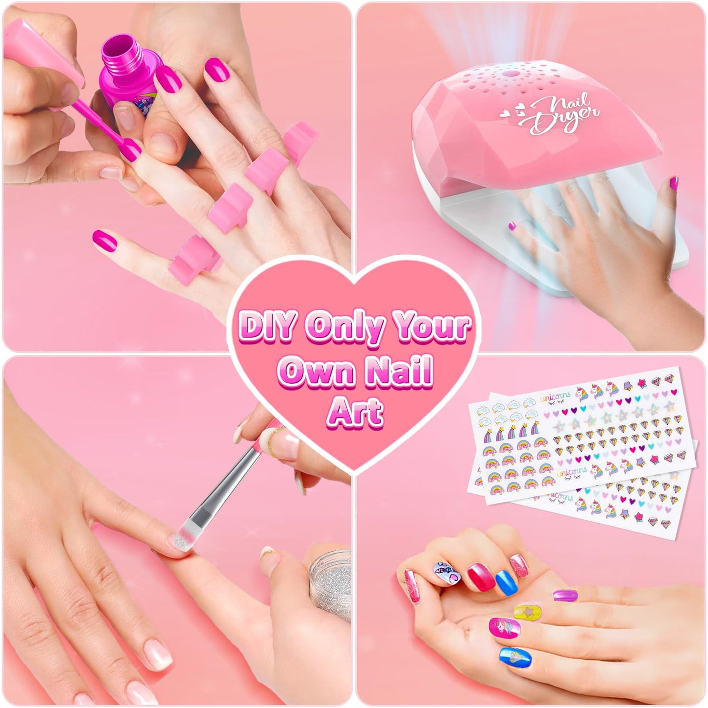 Kids Nail Polish Set for Girls, Nail Art Kit with Nail Dryer & DIY Nail Stickers, Nail Kit Toys for Girls with Non-Toxic Nail Polish, Age 3-12 Little Girl Gift Toys- Pink