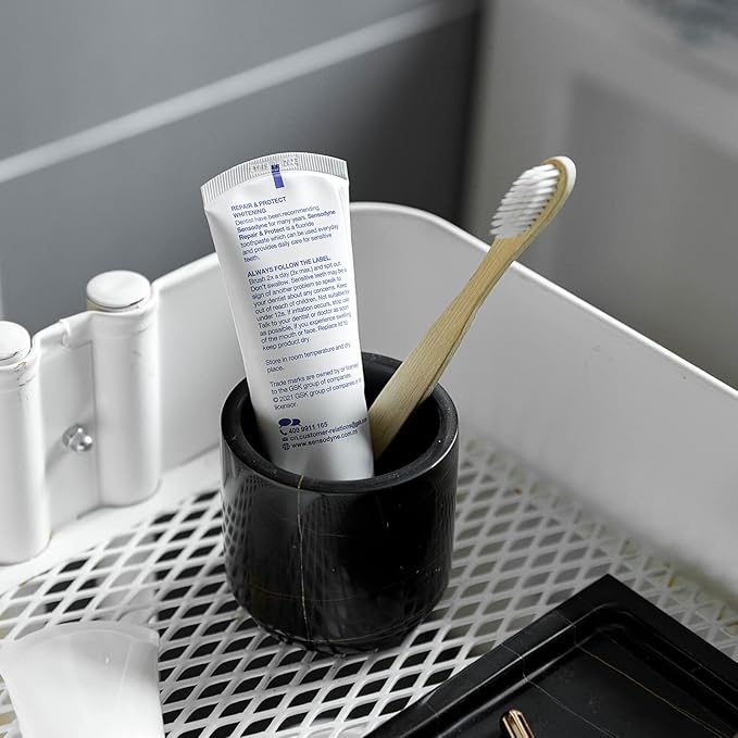 Natural Smooth Real Marble Toothbrush Holder for Bathroom & Countertops Organizer Makeup Brush Holder Black