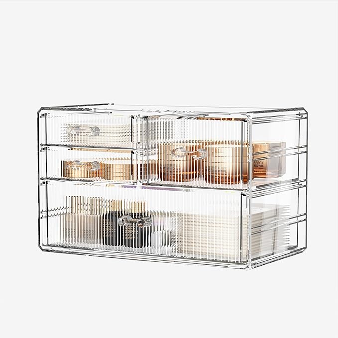ZHIAI Stackable Storage Drawers, Acrylic Bathroom Counter Organizer Clear Makeup Organizers for Vanity, Kitchen Cabinets, Bathroom, Undersink, Home Organization and Storage (4 Drawers, Pattern B)