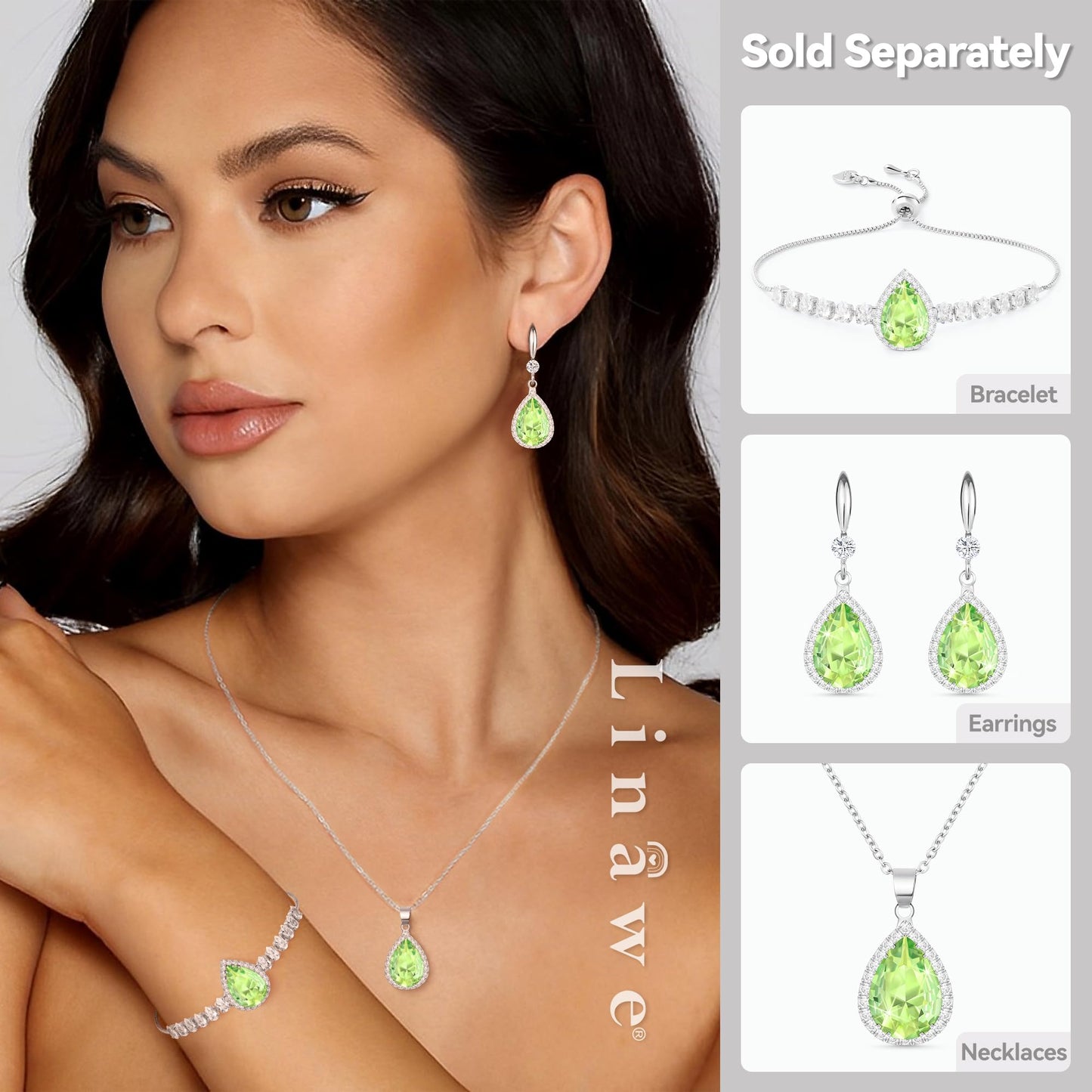 Linawe Silver Necklace for Women, Choker Necklace Chains Crystal Pendant Necklace, Green Imitation Diamond Moonstone Birthstone Rhinestone Cubic Zirconia Aesthetic Jewelry