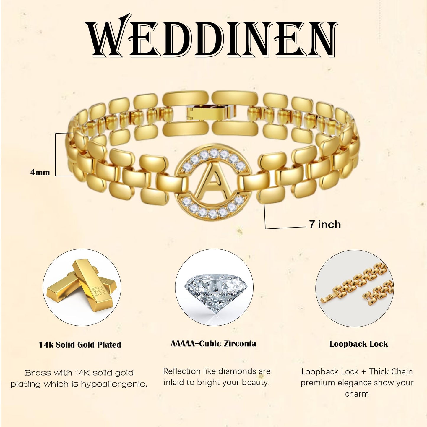 WEDDINEN Initial Bracelet,14K Gold Plated Letter Bracelets for Women, Thick Bangle Wrist Gold Alphabet Bracelet for Women, Gifts for Women Jewelry Initial V Charm Chain