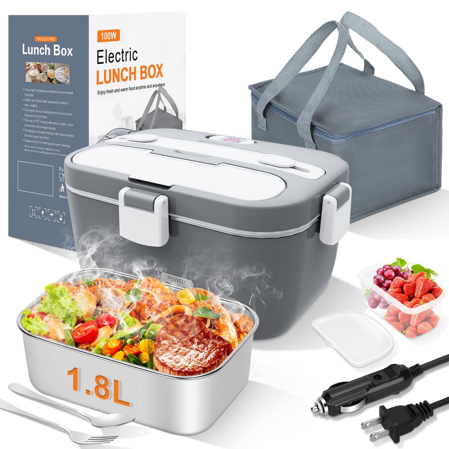 DUPASU Electric Lunch Box Food Warmer: 100W Heated Lunch Box for Adults, 1.8L Portable Fast Heating Lunchbox Food Heater for Car, Truck, Work, Travel, Lonchera Elctrica Porttil 12/24V/110-230V