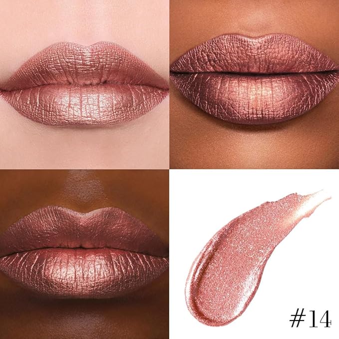 Kaely 2-in-1 Bronze Gold Metallic Lipstick and Lip Liner, Shimmer Liquid Metallic Lipsticks for Women, Glitter Lip Gloss Stain Long Lasting Waterproof Smudge Proof 24 Hour, Vegan Makeup, 14