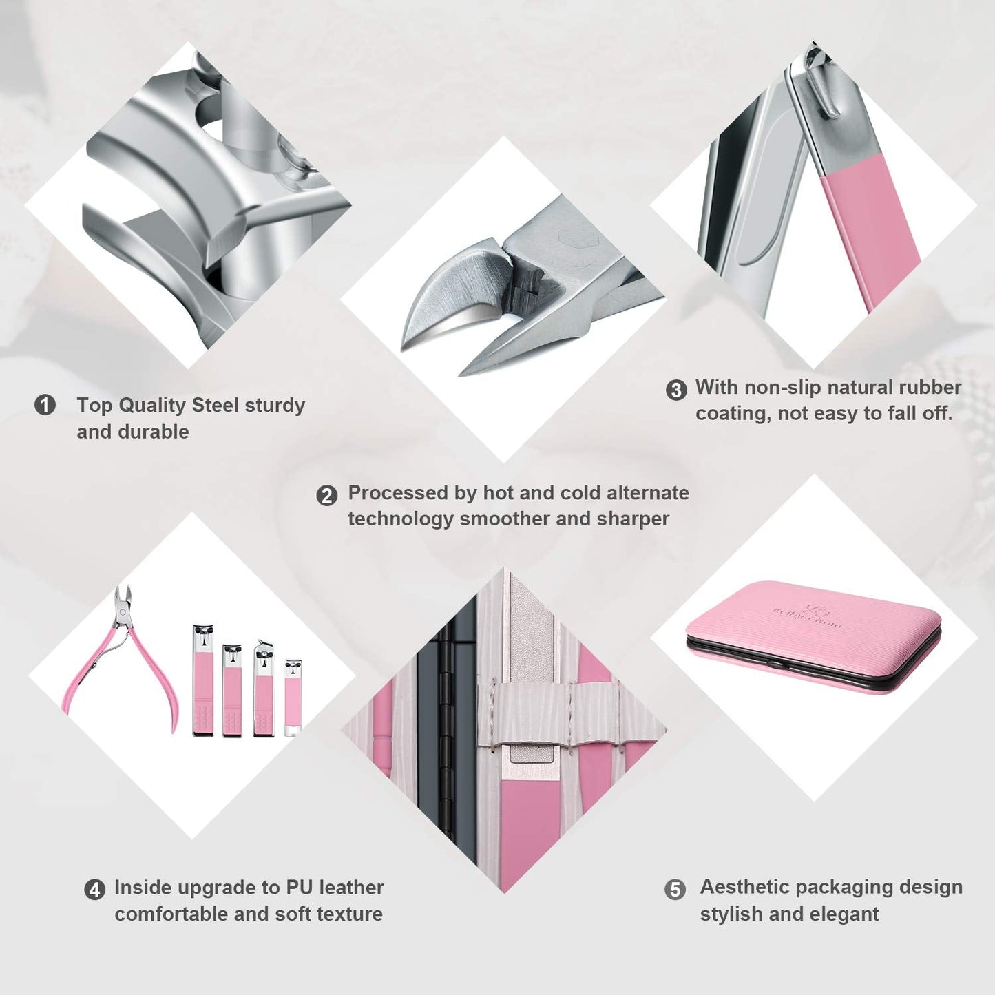 Manicure Set Professional Nail Clippers Kit Pedicure Care Tools- Stainless Steel Women Grooming Kit 18Pcs for Travel or Home (Pink)