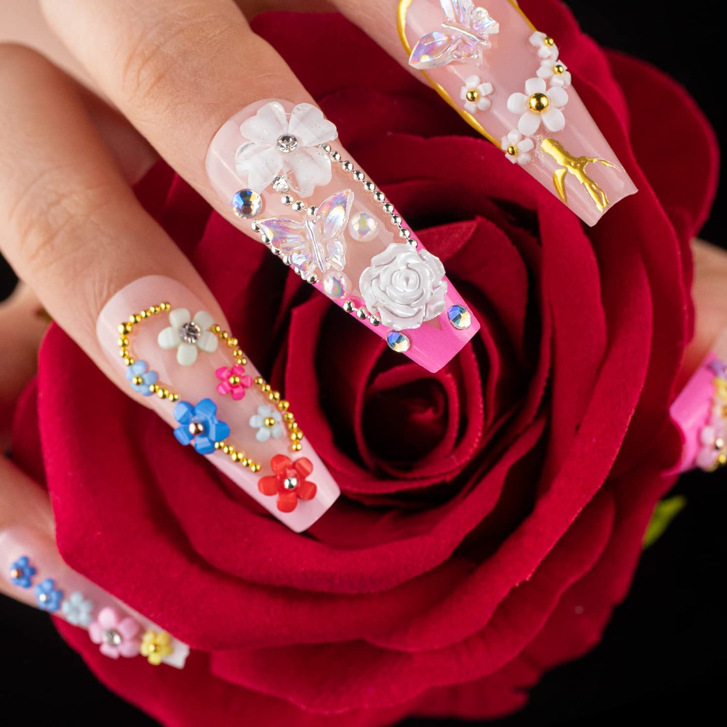 Mixed 3D Nail Art Gem Decoration Accessories Kit #11, Aurora Bear Bow Butterfly Starry AB Rhinestone Charm Jewelry for Deco, Pearl Flower Caviar Bead Stone Crystal with Pickup Pencil and Tweezer