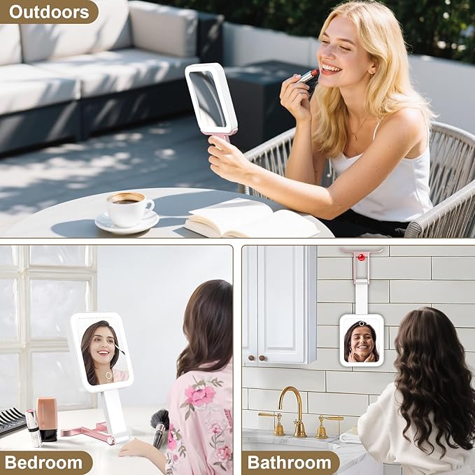 Mocado Travel Makeup Mirror with Lights,10X/1X Magnifying Mirror with Light, Double Sided Travel Mirror with 3 Color Light,Dimmable Touch,Lighted Makeup Mirror for Tabletop,Handheld,Hanging(Rose Gold)