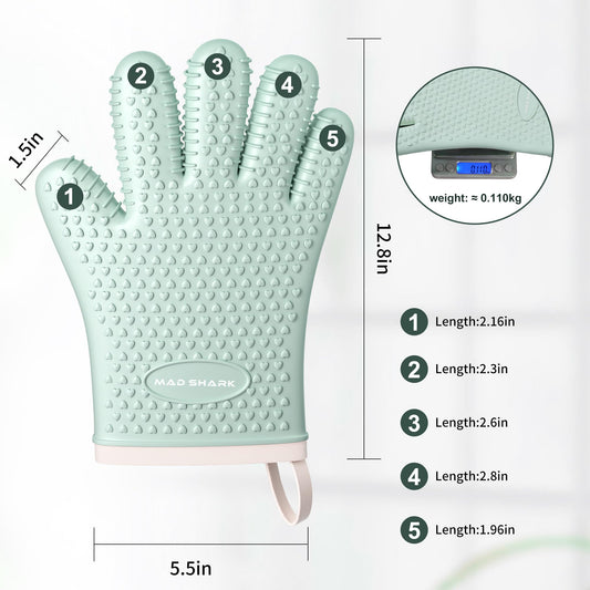 MAD SHARK Silicone Oven Mitts Heat Resistant 450 Degrees,Waterproof & Non-Slip Oven Gloves with Fingers,Cotton Lined Silicone Oven Gloves Kitchen Mitts for Baking Cooking Barbecue,Women (Green)