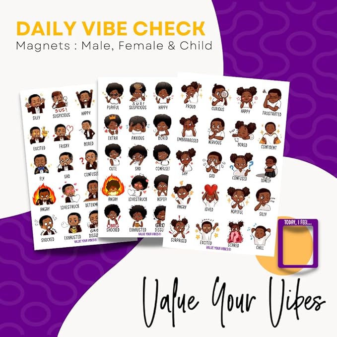 Daily Vibe Check Magnet - Black Feelings & Emotions Chart - 8.5” x 5.5” - Two-Piece Magnet Set (Child)