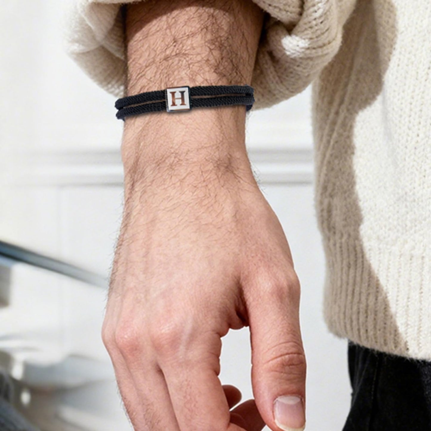 BHDJSHX Personalized Initial Rope Bracelet for Men, Stainless Steel A-Z Letter Charm Bracelet,Adjustable Handmade Braided Black Cord,7-13 Inches,Gifts For Men,Brothers,Son,Boyfriend(Y)