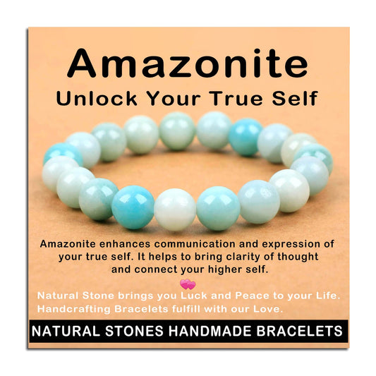 AD Beads Handmade Gemstone Stretch Elastic Bracelet Crystal Healing Reiki Nature's Beauty and Spiritual Essence Unisex (10mm, Amazonite (Unlock Your True Self))