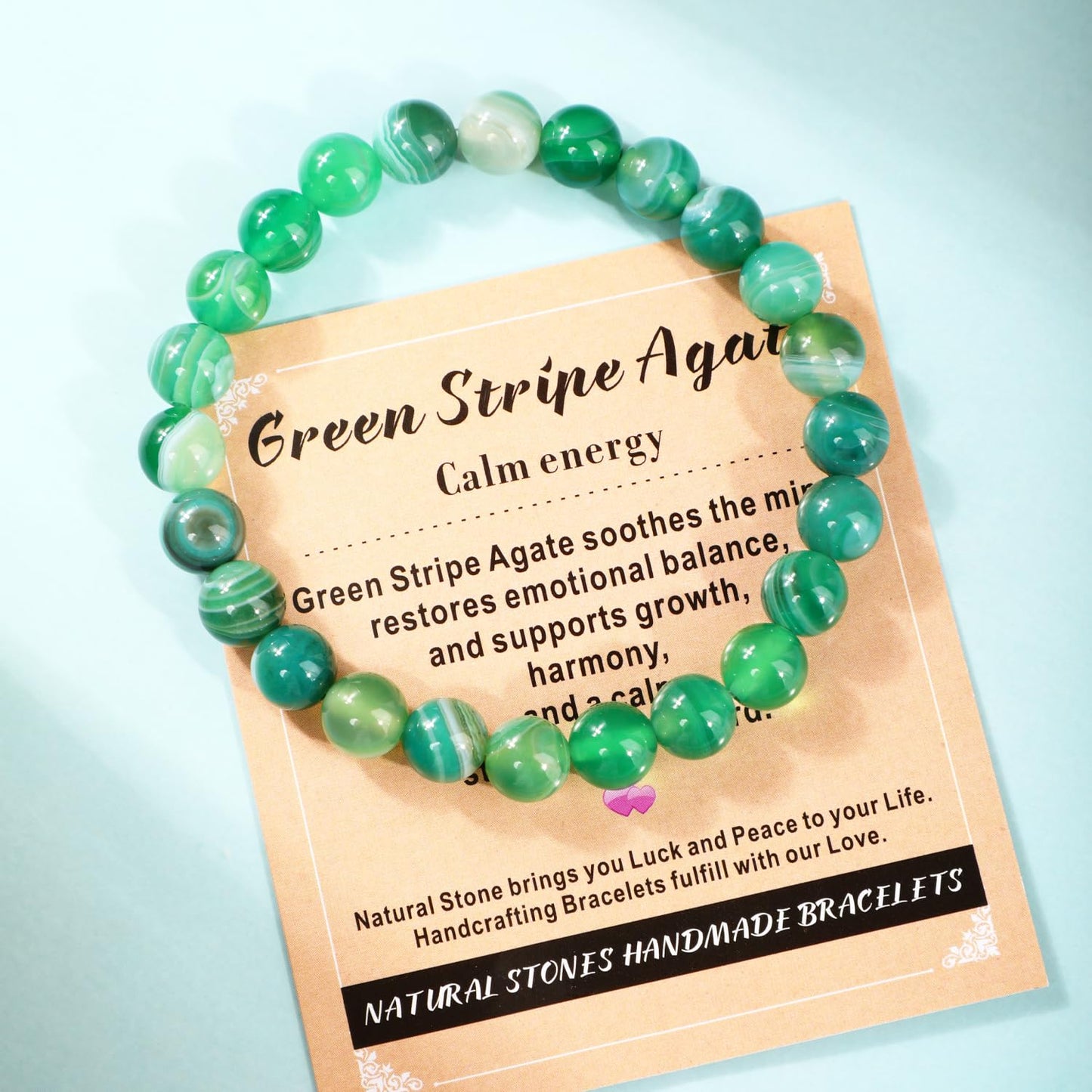 AD Beads 8mm Handmade Green Stripe Agate Elastic Bracelet – Natural Gemstone for Calm energy – Meditation, Yoga, Healing and Energy Gift for Men Women
