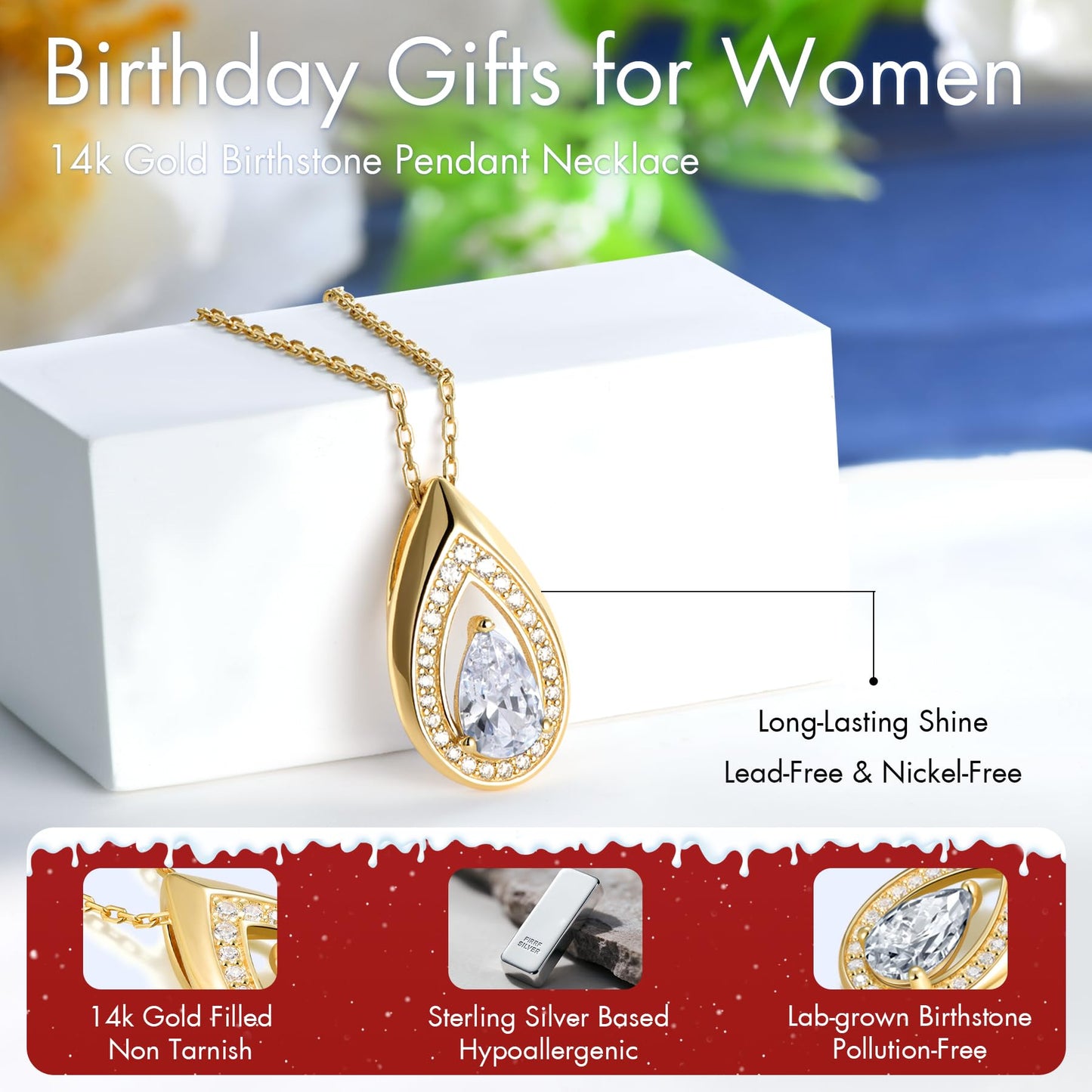 Kstyle 14k Gold Diamond April Birthstone Pendant Necklaces for Women Valentine's Day Birthday Gift Anniversary Jewelry for Wife Daughter Grandma Mom Sister Non Tarnish