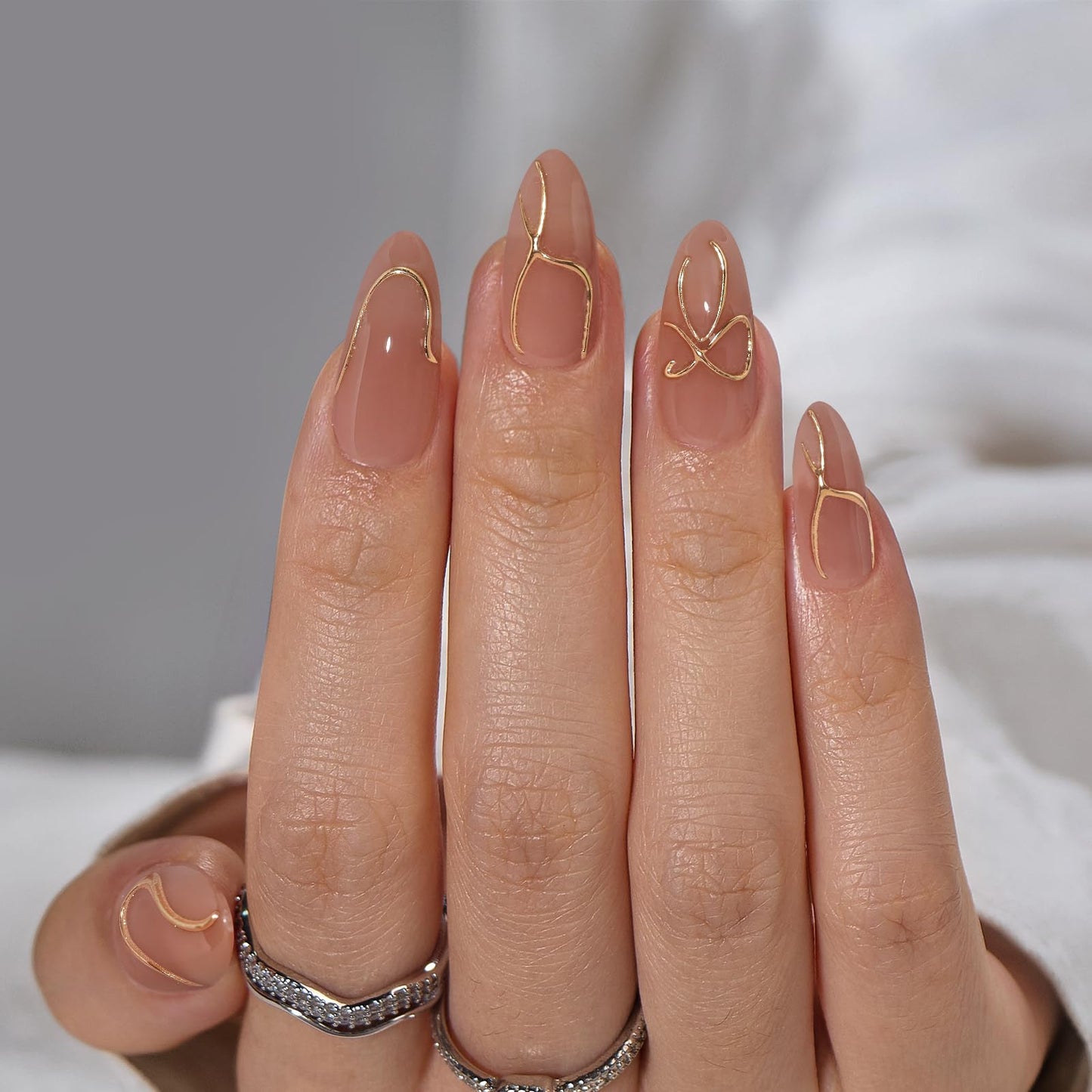 BTArtbox Press On Nails Almond - Press On nails with 3D Gold Lines Design, Medium Glue On Nails with Nail Glue, Gold Swirl Stick On Nails in 15 Sizes, Radiant Ribbons
