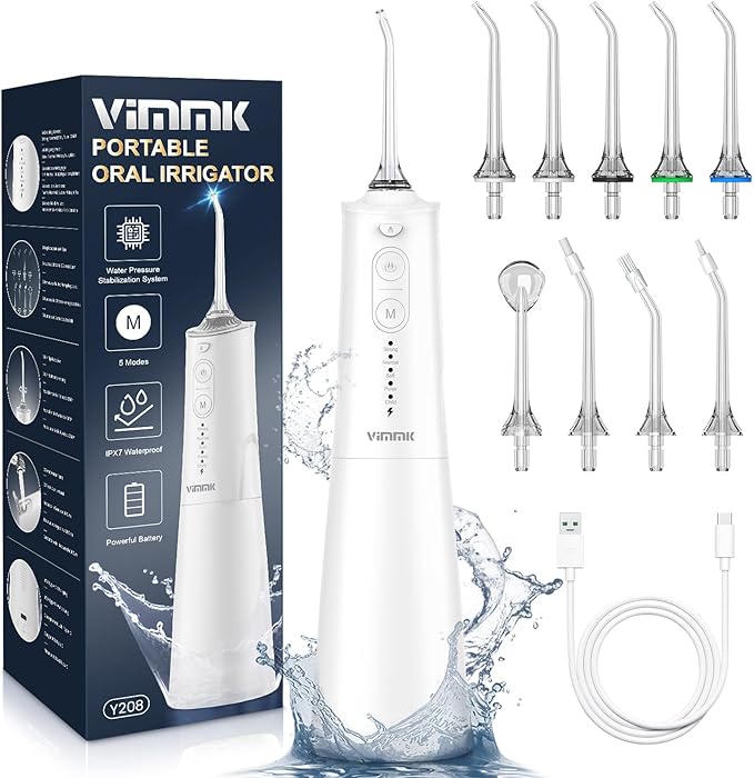 Water Flosser, Cordless Water Dental Flosser, 9 Jet Tips 5 Modes 300ML IPX7 Waterproof, Portable Rechargeable Oral Irrigator for Home Travel - Gums, Orthodontic, Braces Care - Black (White)