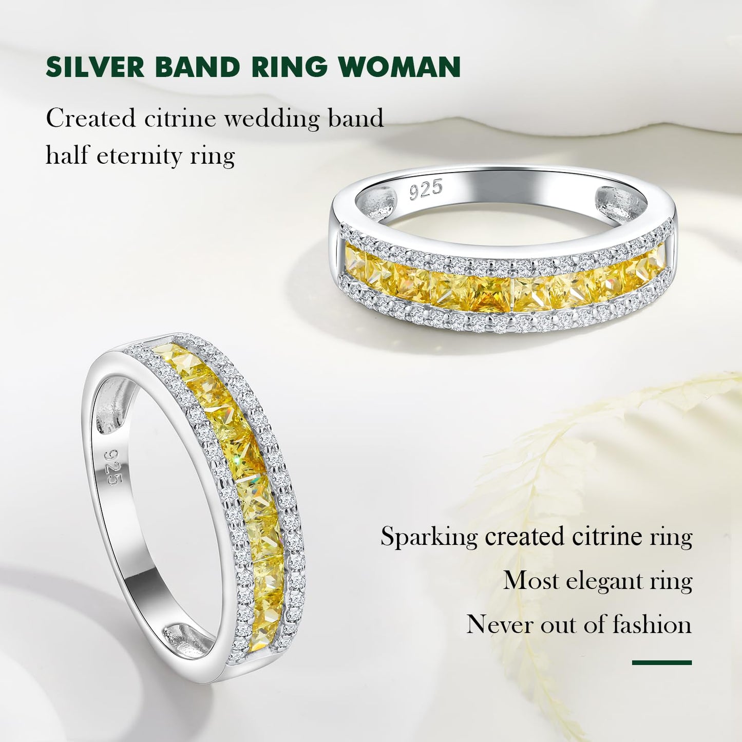 RANDES Citrine Yellow Rings for Women Channel Set Emerald Cut Eternity Band 925 Sterling Silver November Birthstone Rings Size 8