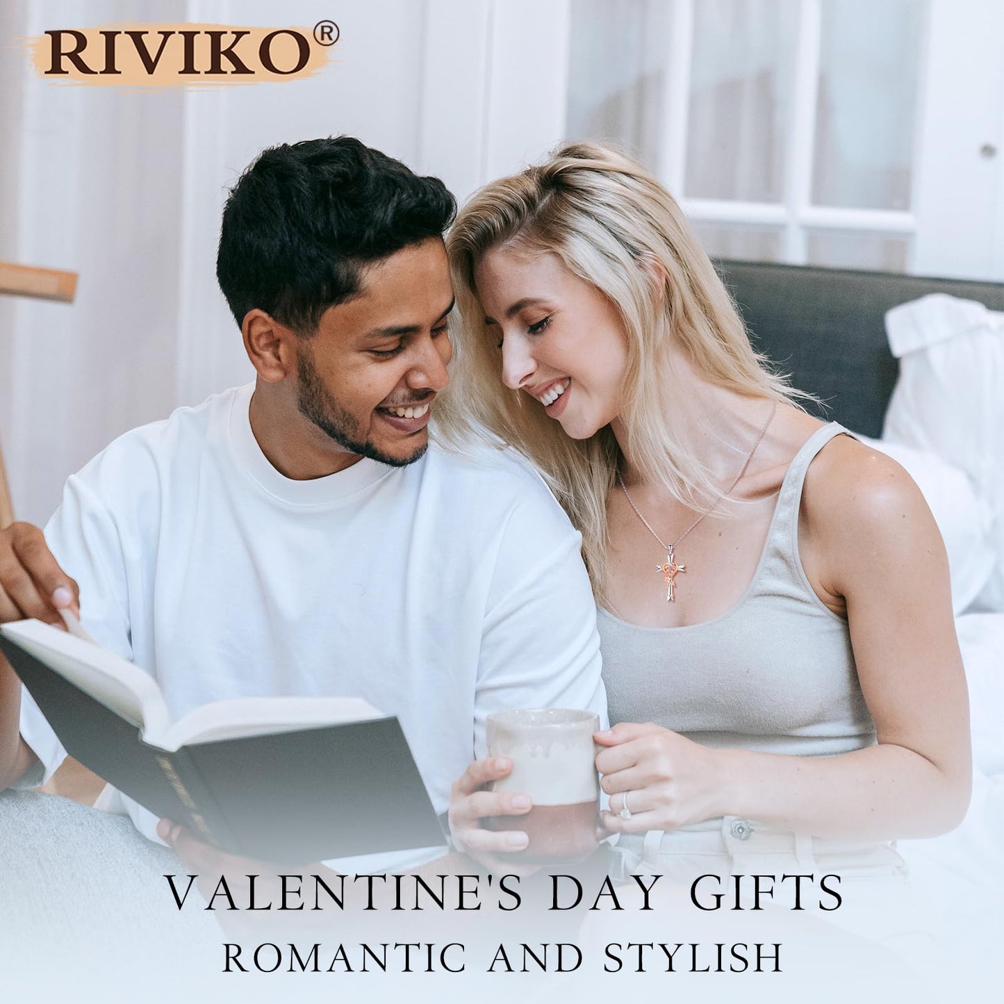 RIVIKO 925 Sterling Silver Cross June Birthstone Necklace for Women Rose Pendant Anniversary Jewelry