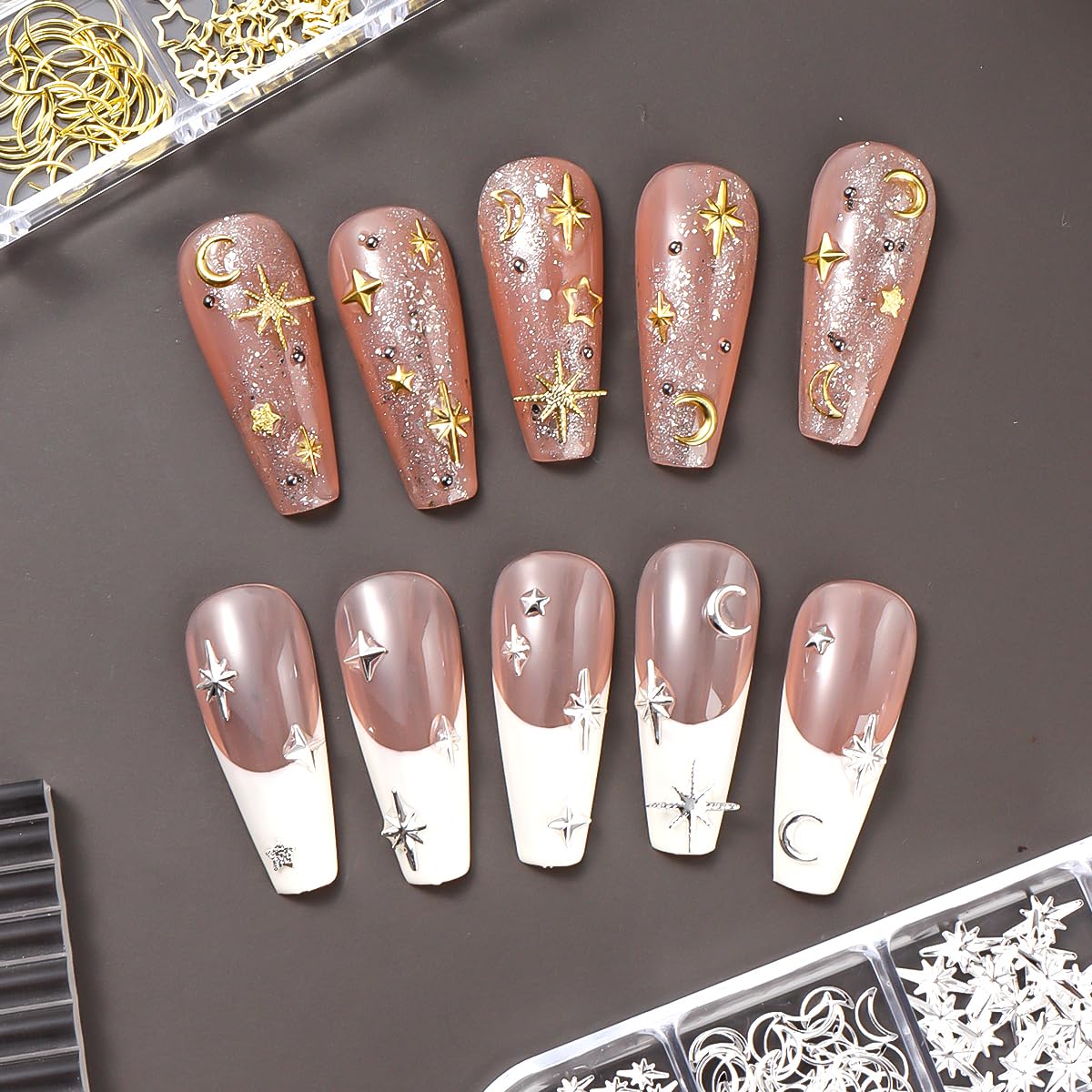 Star Moon Nail Charms for Nails Art 3D Gold Silver Starlight Cross Star Nail Rivet Studs Decoration Alloy Metallic Stars Accessories and Sugar Glitter Powder for Nails Manicure Craft DIY