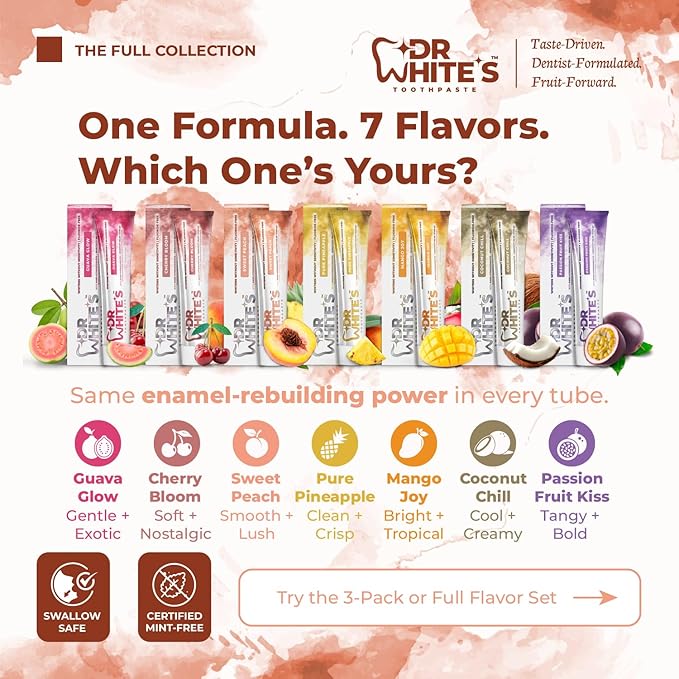 Dr. White’s Fluoride-Free nHA Toothpaste 3-Pack; Dentist-Formulated, Nano Hydroxyapatite + Xylitol, Sensitivity Relief Complex™, Mint-Free, Enamel Safe, Swallow-Safe (3.5 Oz, Sweet Peach)