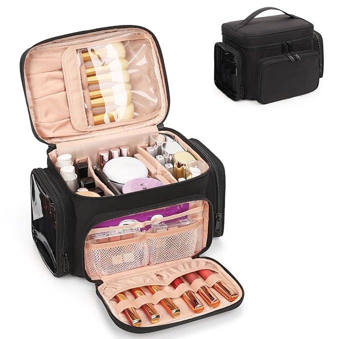 Large Cotton Makeup Bag, Lightweight Travel Makeup Bag Organizer for Women Girls with Makeup Brush Compartment & Two Side Pockets, Cosmetic Travel Bag Vertical Storage- Black01