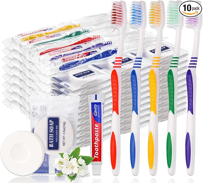 10 Set Disposable Toothbrushes with Toothpaste and Soap Individually Wrapped, 10 pcs Toothbrushes, 5 Colors with 10pcs Bar Soap(0.5 oz)