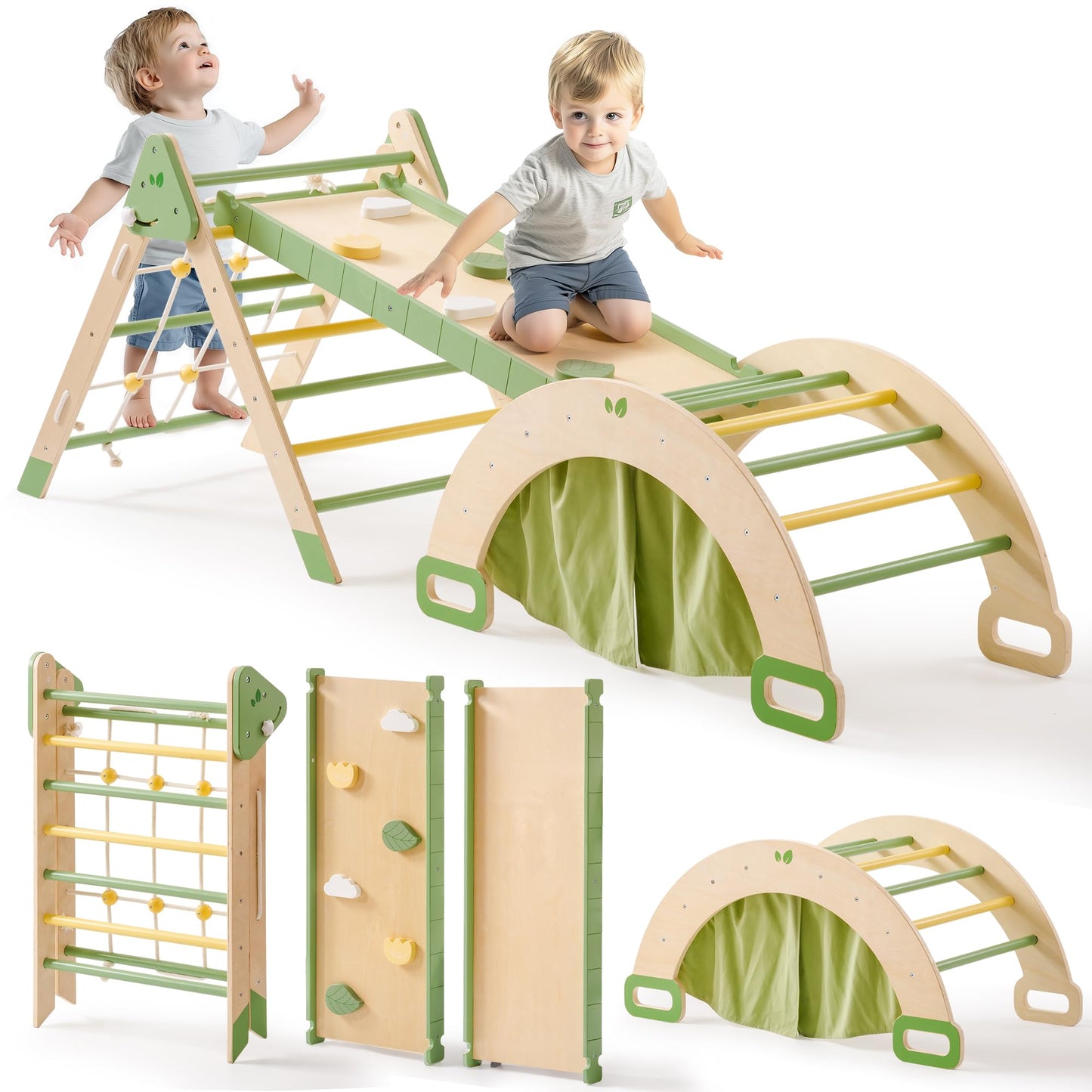 ROBOTIME 5 in 1 Toddler Climbing Toys, 3 Piece Pikler Climbing Set Toy for Toddlers, Inside Pikler Triangle Set, Montessori Climbing Set, Indoor Playground for Kids