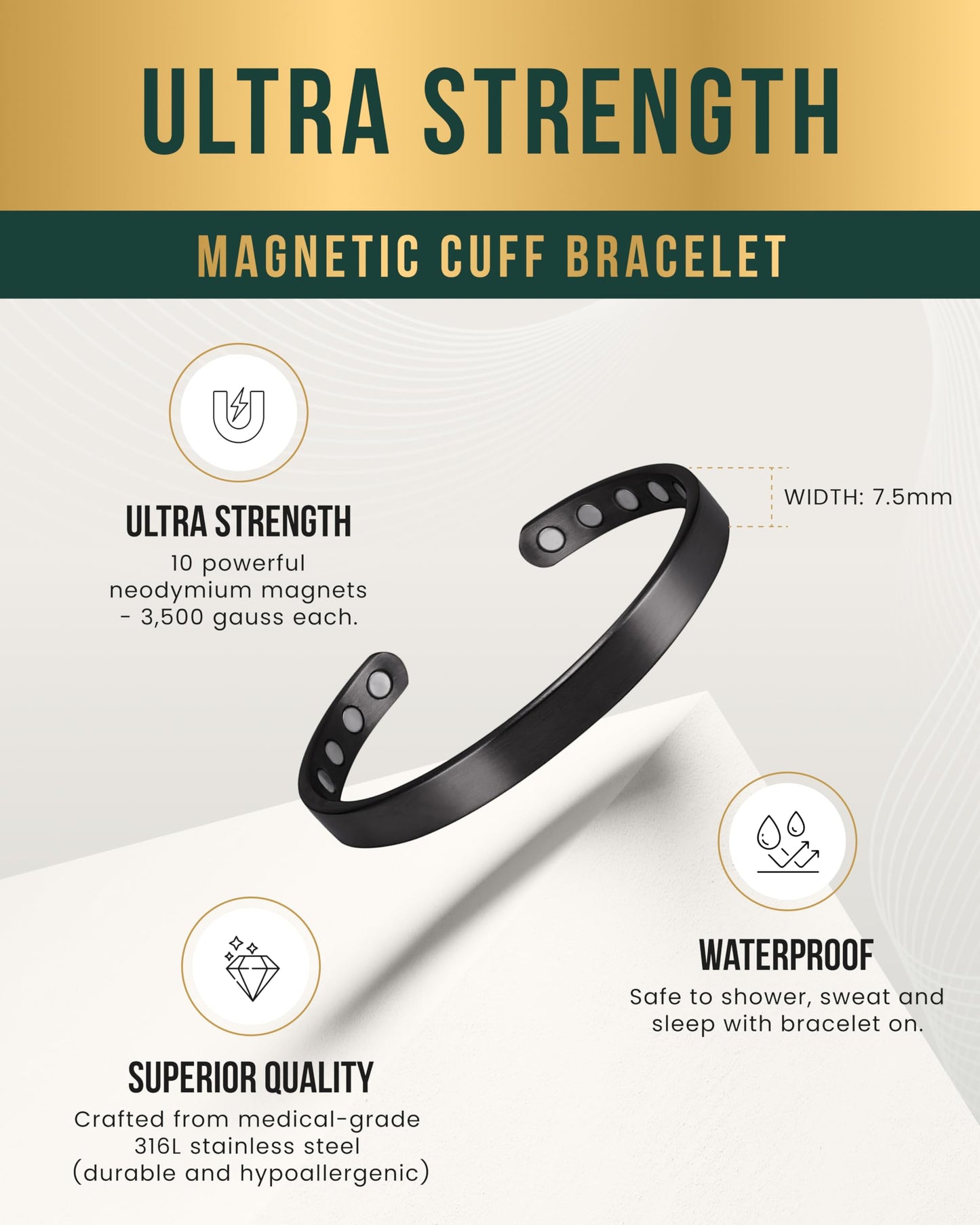 MagnetRX® Magnetic Bracelets for Men & Women - Elegant Bangle Men’s Cuff - Golf/Tennis Elbow & Balance, Stainless Steel Magnetic Bracelets for Women (Black | Medium)