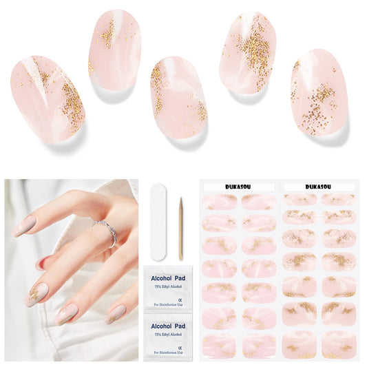 DUKASOU Semi Cured Gel Nail Strips 28 pcs French Nail Stickers for Women (Gold foil Stamping) Full Nail Wraps -UV Lamp Required Long Lasting Easy to Apply