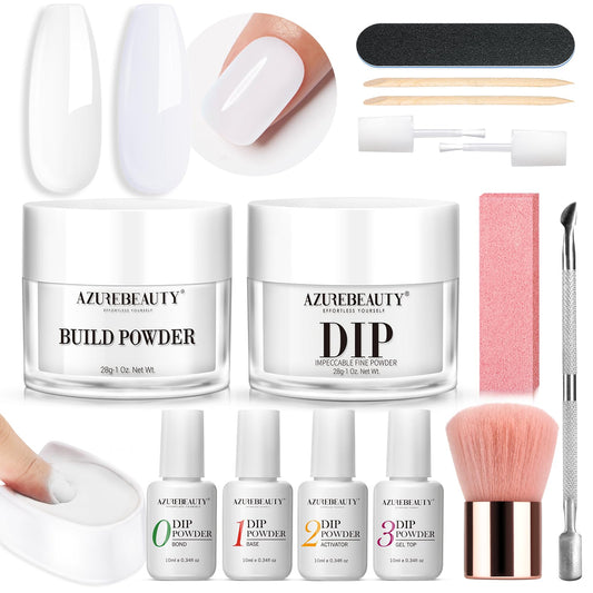 AZUREBEAUTY Clear & White Dip Powder Nail Kit, 28g/1Oz 15 Pcs Essential Dipping Build Powder with Basics Dip Powder Liquid Set Top & Base Coat Bond Activator for Beginners Nail Manicure Salon Home