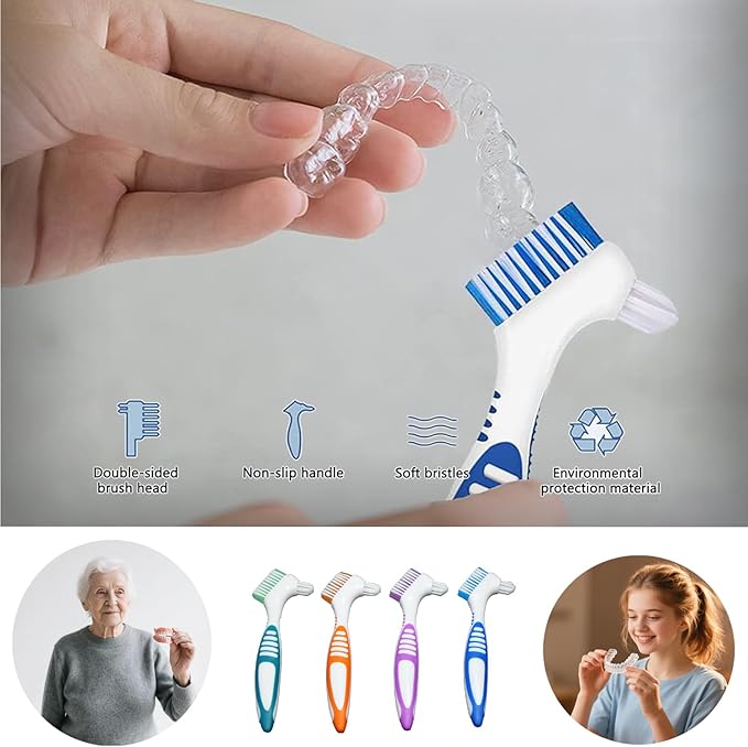 Denture Brush Dual Head Toothbrushes False Teeth Brush Denture Cleaning Kit Toothbrush (Orange Green)