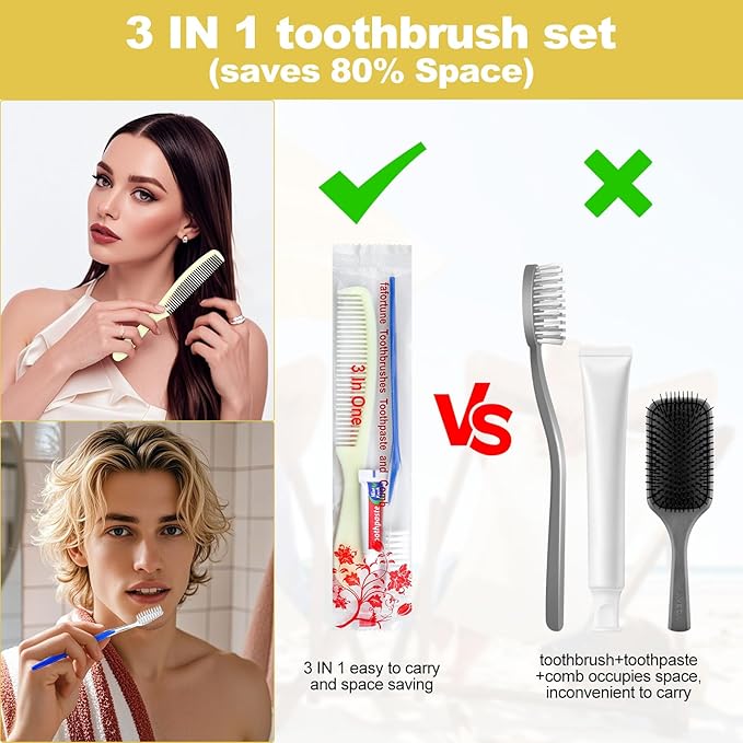 Disposable Toothbrushes with Toothpaste and Comb for Homeless Individually Wrapped-Suitable for Hotel,Air Bnb,Shelter/Homeless/Nursing Home/Charity (200PCS)