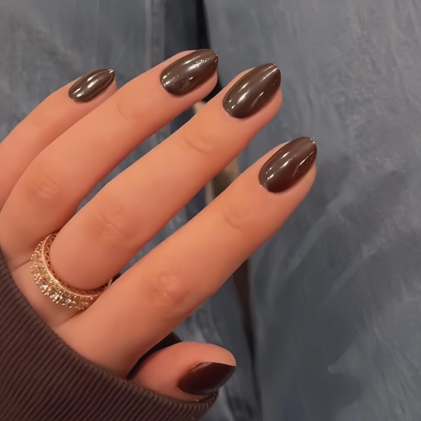 Fall Press On Nails Short - KQueenest Chrome Brown Press On Nails Oval, Sparkle Soft Gel Fake Nails Press on Short Almond, Reusable Cute Glitter Glue on Nails for Women, Thick Salon Quality, 24 Pcs