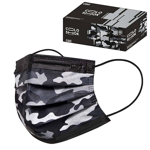 CSD Colo 30 Pcs Black Camo Disposable Face Masks, 3 Ply Adult Mask with Elastic Ear Loop, Nose Bridge Clip, Breathable Comfortable Mask Great for Indoor, Outdoors Use (Shadow Black Camo)