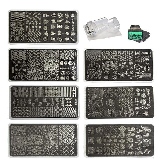 Beauty Leader Nail Art Stamping Template Mix Design 7Pcs Image Plates with White Plastic Plate Holder+1 Pcs Square Rubber Stamper DIY Nail Art Image Stamp Plate(17-23)