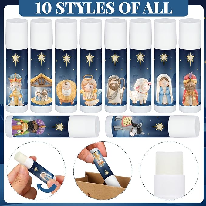 Dunzy 50 Sets Nativity Lip Balm Bulk Christian Religious Moisturizing Lip Balms Holiday Treat Gifts Favors with 50 Organza Bags 50 Tags for Women Christmas Stocking Stuffers Party Supplies