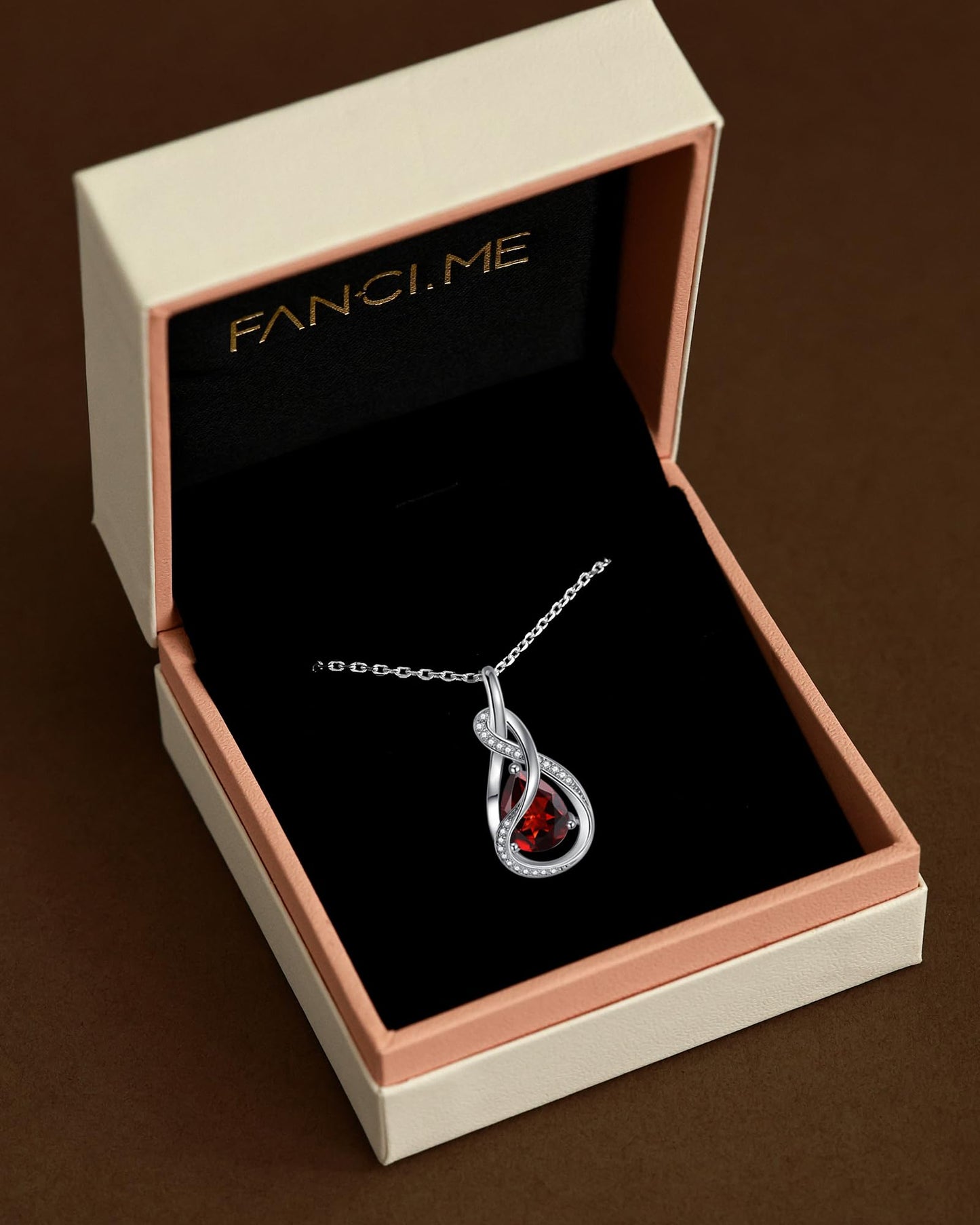 FANCIME Garnet Necklace January Birthstone Sterling Silver Infinity Knot Pendant Necklace Red Gemstone Fine Jewelry Birthday Mothers Day Gifts for Women Mom
