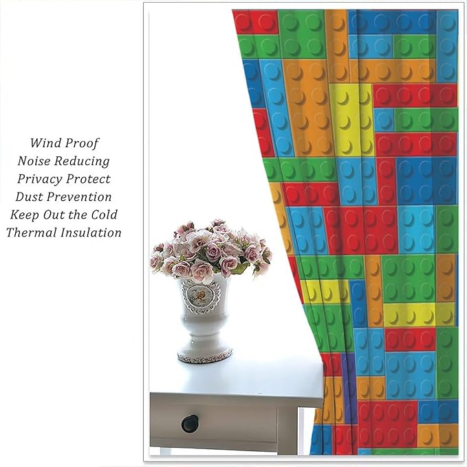 Colorful Building Block Toy Printed Curtains, Building Blocks, Curtains, Fun Brick 3D Design, Kids, Teens, Girls, Boys, Living Room, Bedroom, Window Treatment Panels, 2 Panels 42x45in