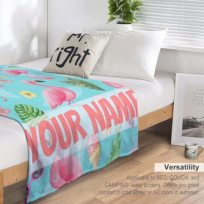 Custom Flamingo Blankets Gifts with Name - 40 x 50 Inches Cute Throw for Kids - Green Warm Furry Plush Flamingo Blankets for Sofa