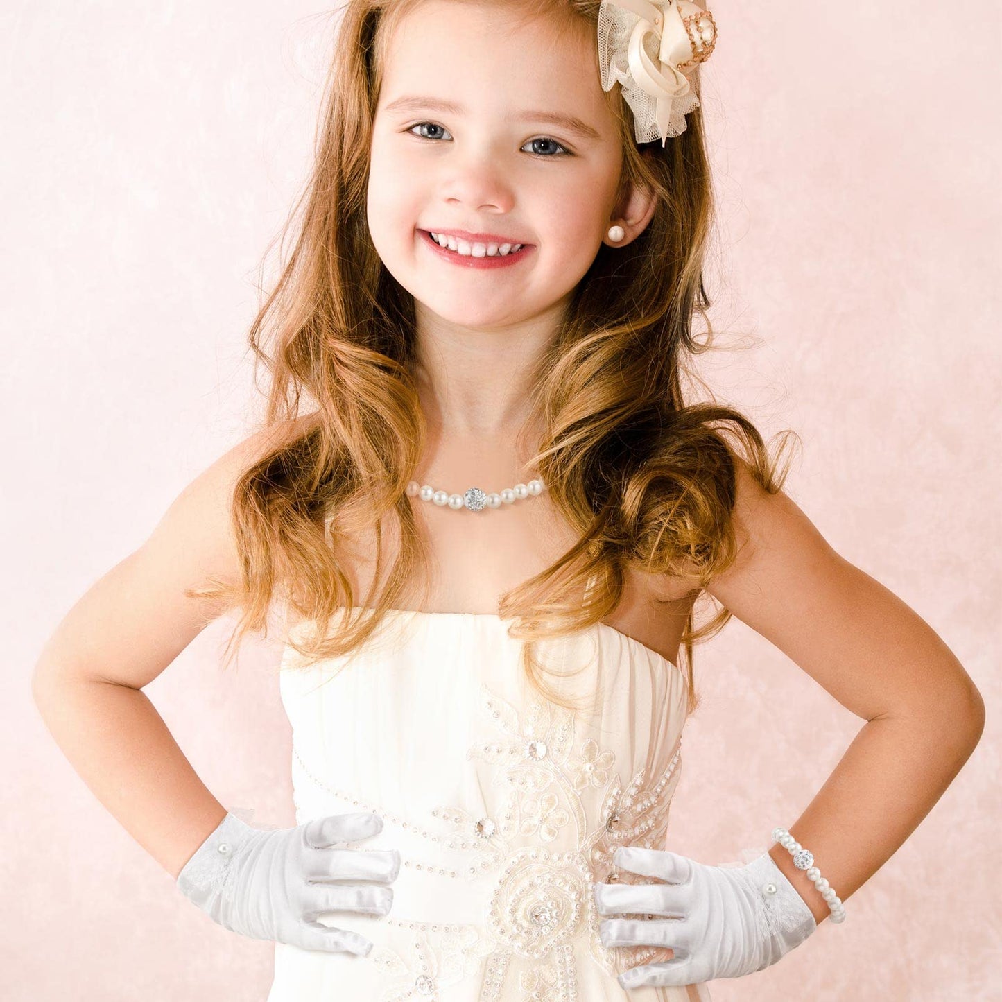 Geyoga 4 Pcs Pearl Necklace Set for Little Girls Toddler Girls Jewelry Communion Gloves for Kids Christmas Tea Party Wedding(Modern Style,8-12 Years)
