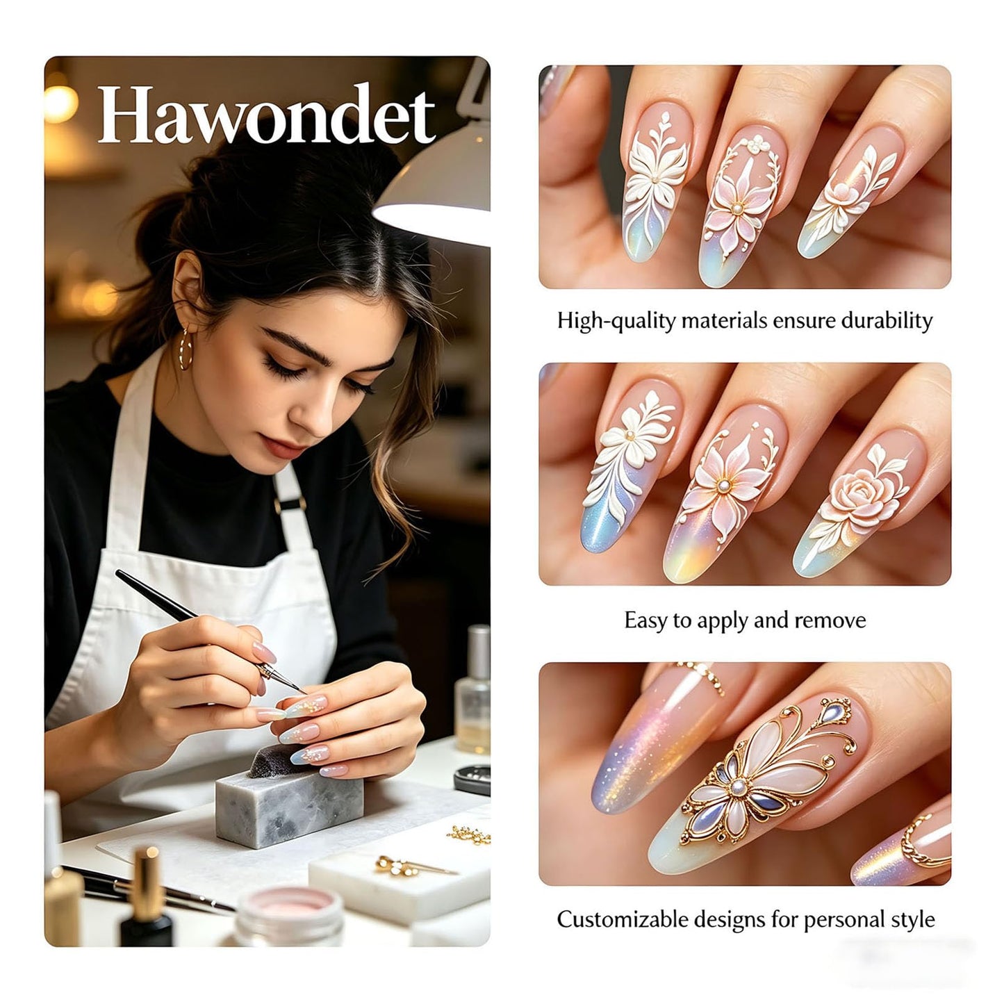 Handmade Press on Nails Square 3D Cute Glue on Nails for Women, Luxury Homemade Press on Nail Art Design, Fake Nails with 3D Nail Charms Size M 7