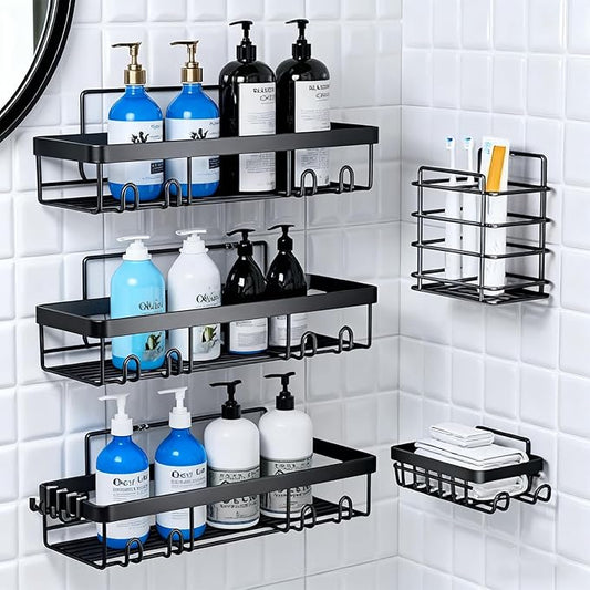 Adhesive Shower Caddy, 5-Pack Shower Caddy Hanging Bathroom Storage Organization, No Drilling Shelves with Soap Caddy & Toothbrush Wall-Mounted Shower Holder, Rustproof Bathroom Shelves