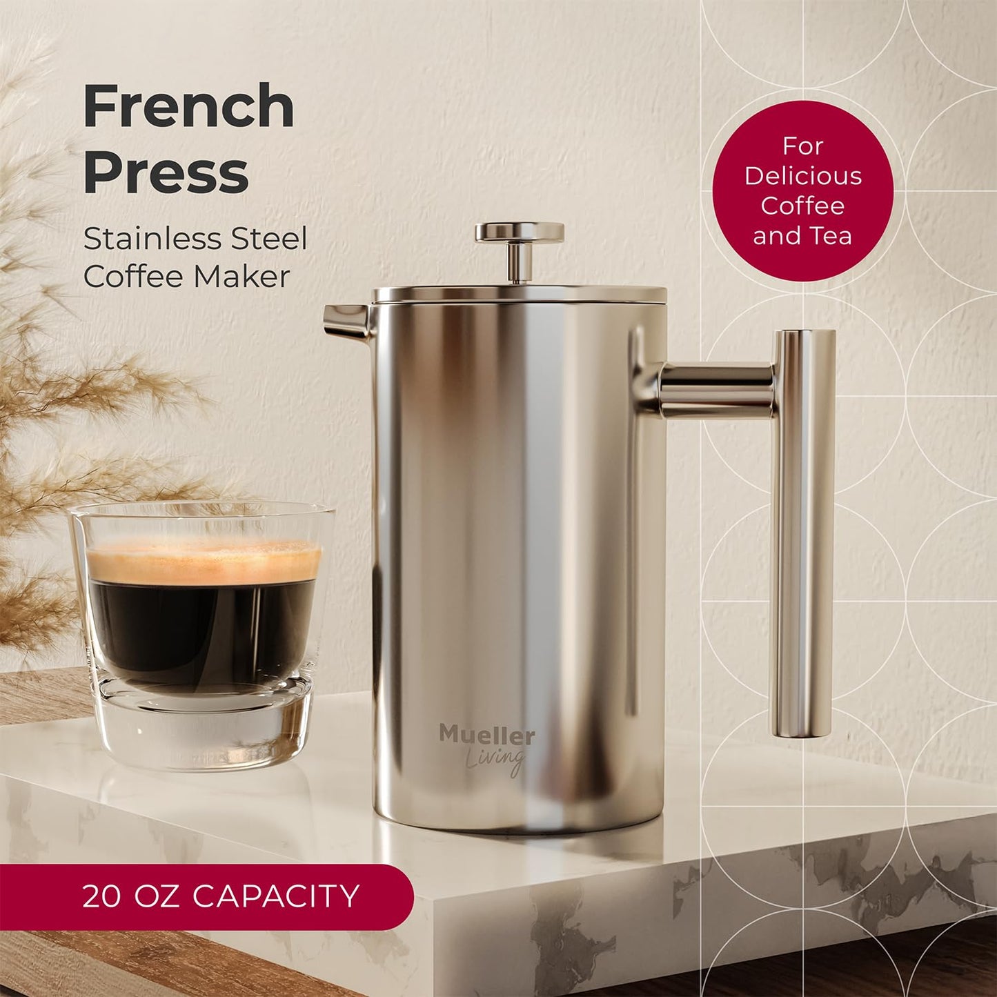 MuellerLiving French Press Coffee Maker 20oz, Stainless Steel French Press Coffee, 4 Filter Heat Resistant Double Insulated, Rust-Free, Food Grade, Dishwasher Safe Coffee Pot