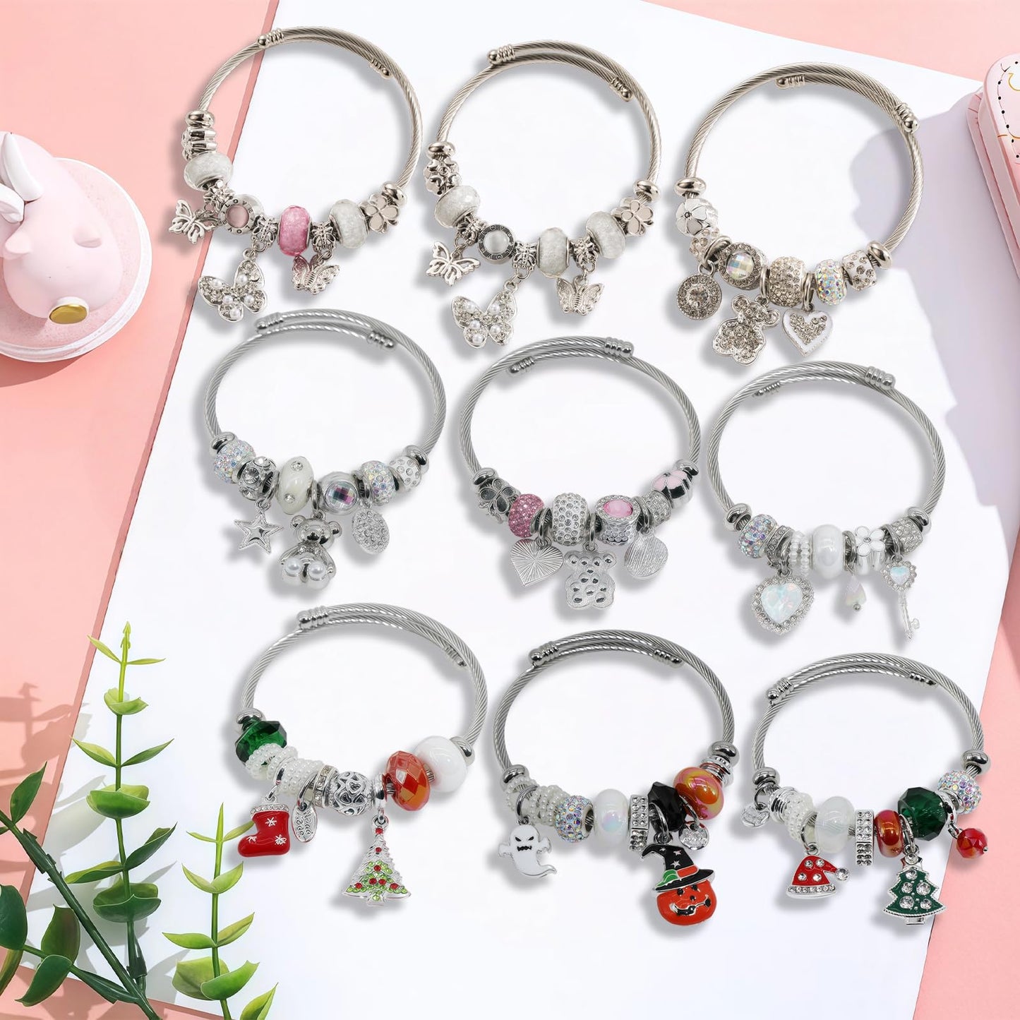 IUULOB Silver Women Bracelets - Adjustable Charm Bracelets for Women Birthday Gifts Favors Titanium Steel Bracelet Bundle Jewelry Kit (H: Christmas Socks - Christmas Tree)