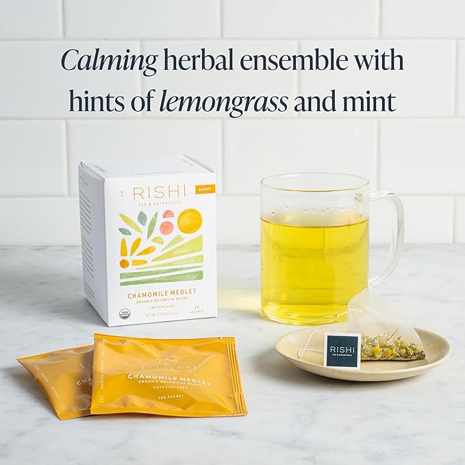 Rishi Tea Chamomile Medley Herbal Tea - Organic, Caffeine Free Sachet Bags, Calming Chamomile Flowers with Lemon Verbena & Mint - 15 Count (Pack of 1)