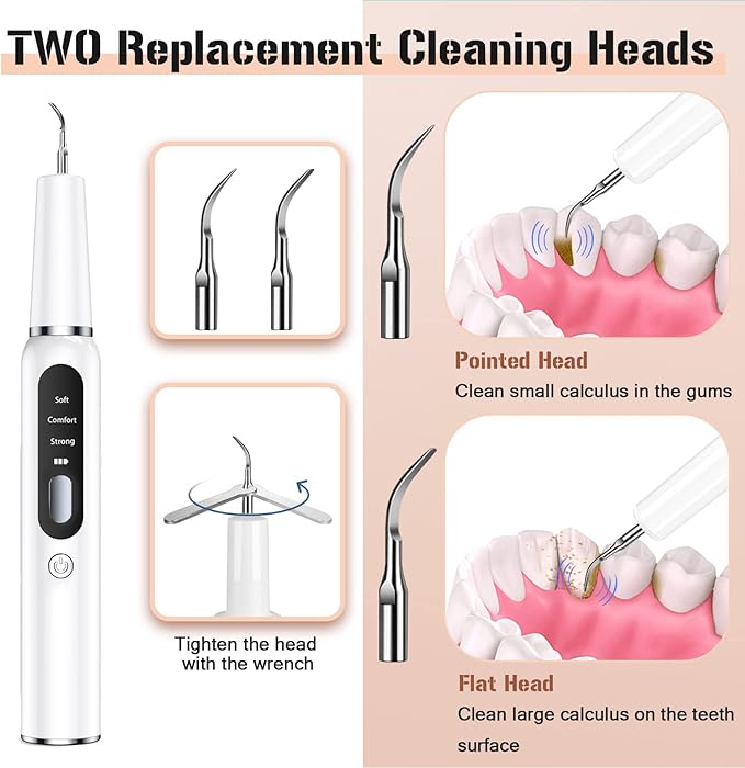Plaque Remover for Teeth, Tartar Remover for Teeth, Rechargeable Electric Tartar Scraper with 3 Modes and Smart Protection, IPX7 Waterproof Dental Cleaning Kit with Tongue Cleaner (White)