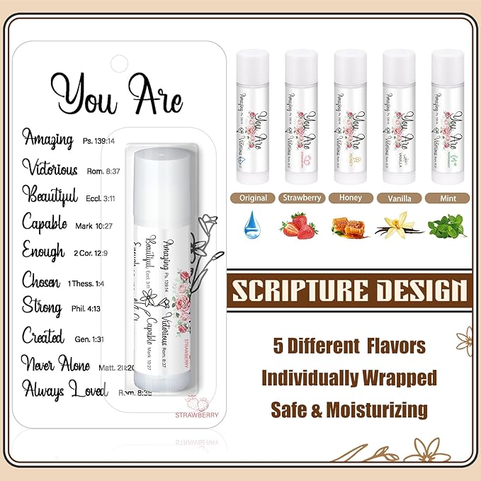 75 Pack Christian Religious Gifts Bulk Bible Verse Lip Balms 5 Flavor for Women Men Christian Religious Church Party Favors with Scripture Inspirational Gifts for Coworkers Staff (Classic)